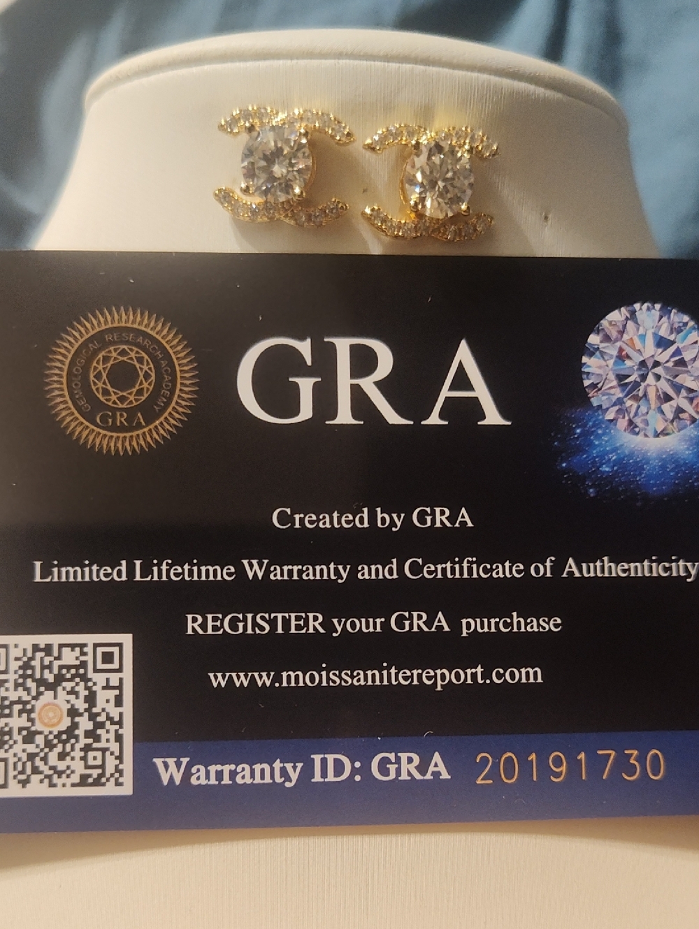 Chanel  Moissanite Gold CC Logo Crystal Stud Earrings  1.0 Karat With GRA $399 - Picture 2 of 3